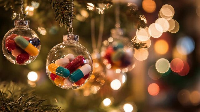 Christmas tree ornaments filled with colorful medical pills and capsules for holiday healthcare concept, festive medical decoration on pine tree