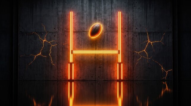 Neon rugby goal posts with glowing ball, futuristic american football stadium aesthetic, orange light on dark concrete wall background