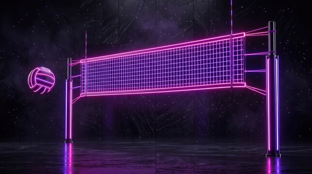 Neon volleyball net with glowing ball, futuristic sports arena in purple and pink light, synthwave aesthetic volleyball court for gaming and esports