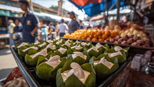 Traditional Thai pudding with various coconut toppings served in banana cups at a market stall.