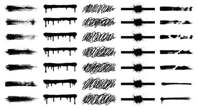 Grunge brush strokes and paint drip collection, 40 black ink splatter elements, hand drawn charcoal textures and scribbles for graphic design