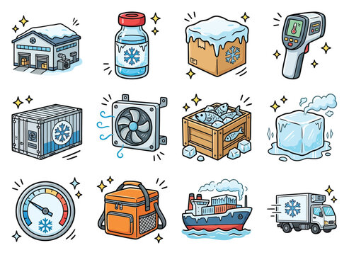 Cold storage logistics with warehouse freezer truck ship and cooler box while measuring temperature