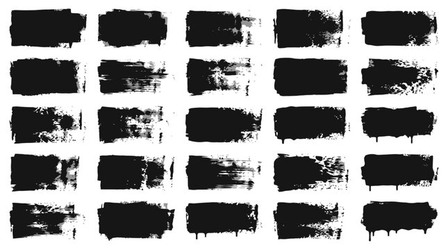 Grunge black paint brush strokes set, 25 distressed ink textures and rectangular frames, rough charcoal smear vector elements for graphic design