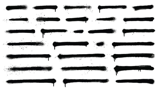Graffiti spray paint lines set, black aerosol paint drips and splatters on white background, urban street art vector elements for graphic design