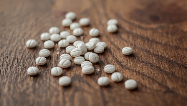 Amino acid tablets on a wooden surface. Blurred focus. Close-up.