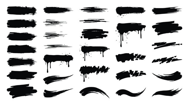 Grunge black ink brush strokes set, 30 hand drawn paint splatter and drip vector elements, textured charcoal smear and spray paint marks for urban design