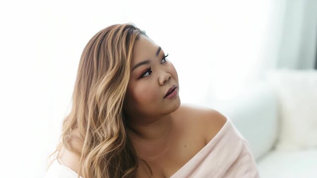 Young Asian woman with long wavy hair looking away and speaking in a bright room, candid portrait of a female in casual clothes for lifestyle media