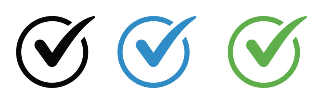 Check Mark Icons. A set of three icons representing a check mark inside a circle, in black, blue, and green, symbolizing completion, confirmation, or correctness.