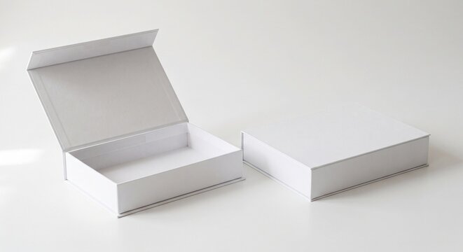 Two white rigid boxes with magnetic closure on a gray surface.