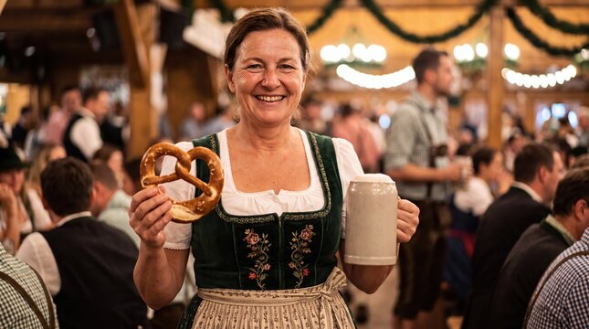 Smiling woman in embroidered dirndl serves salted pretzel and beer stein at Oktoberfest