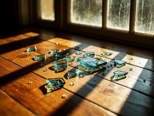 Naklejka premium Shattered blue glass pieces lie on dark wooden floor planks. Sunlight streams through window casting long shadows, bright reflections. Sharp fragments scatter across rustic surface showing danger,