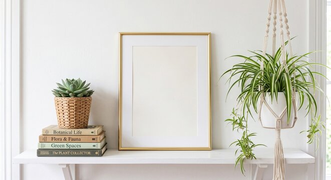 Front view of a vertical gold picture frame mockup with a white mat board on a shelf with books and plants.