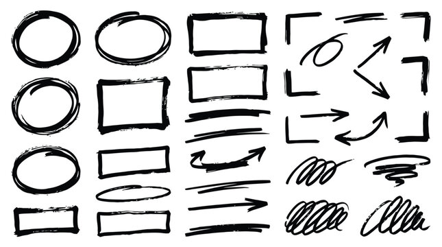 Hand drawn brush strokes and marker circles, black ink doodle frames and arrows set, rough charcoal sketch elements for highlighting text