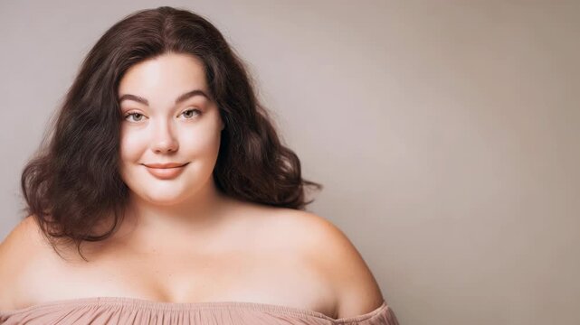 Beautiful young woman with natural makeup and wavy hair smiling at camera, portrait of a confident plus size female model in a studio setting