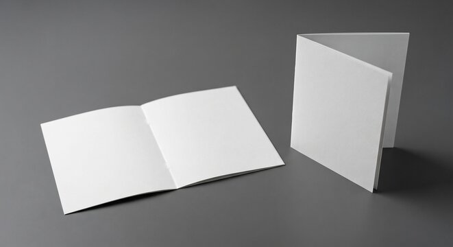 Blank white paper brochures displayed on a neutral grey background with soft shadows for design presentation.