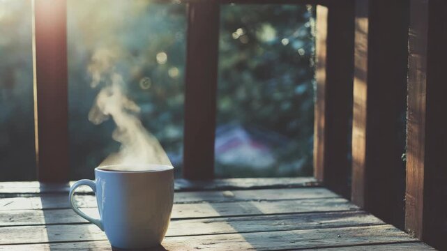 Steaming hot coffee cup on wooden porch at golden hour, cozy morning atmosphere with soft sunlight filtering through window, relaxing beverage scene