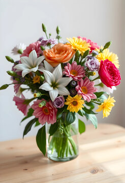 Colorful mixed flower bouquet in a clear glass vase on a light wooden table, celebration and gift concept, the fresh floral arrangement sits on a light wooden table