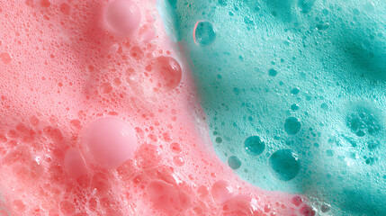 Fototapeta premium Soft pastel hues merge as bubbles ascend in shades of pink and turquoise, evoking a lively texture akin to a fun bath time