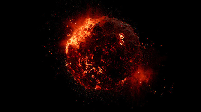 The vibrant red fireball explodes with a burst of fiery light, creating a dramatic effect against the dark hot background