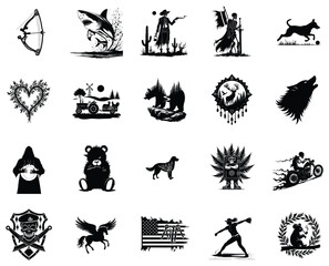 Obraz premium Minimalist graphic icon of a hunting bow in simple silhouette style for outdoor sporting equipment design