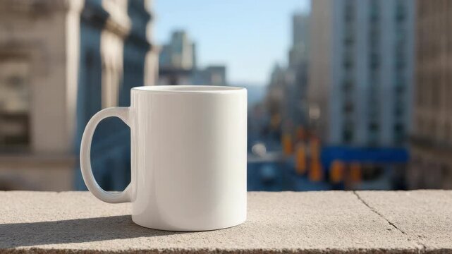 White ceramic coffee mug mockup placed on a stone ledge with a blurred New York City urban street background for product design presentation display
