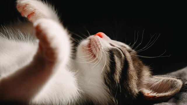 Cute tabby kitten lying on its back with paws up in a playful mood, close-up portrait of a small domestic cat resting on a dark soft background