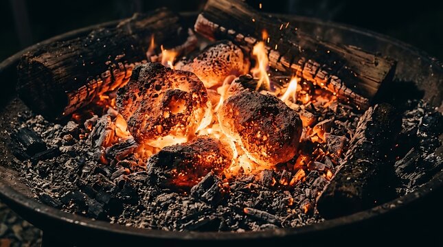 Firewood burns steadily in a circular metal fire pit during an evening outdoor social gathering.