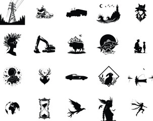 Obraz premium Silhouette illustration of a high voltage electric pylon standing in a dense pine forest landscape