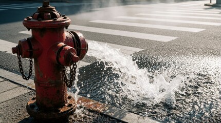 Fototapeta premium Red fire hydrant sprays water onto city street pavement. Water cascades across asphalt near crosswalk. Utility asset provides vital resource for fire safety and cooling.