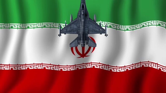 iran air force military aircraft flying above iranian flag  geopolitical defence background