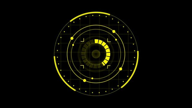Futuristic yellow hud loading circle animation with digital grid overlay for tech interface