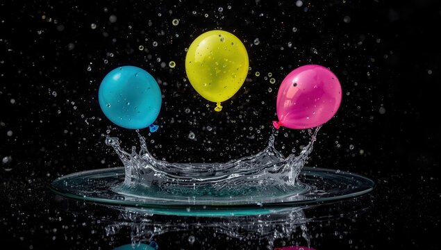 Three vibrant water balloons rebounding off a wet glass surface with splashes in a dark setting.