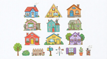 Naklejka premium Set of colorful hand drawn house exterior illustrations. Doodle drawings of roof, window, door, chimney, fence, mailbox, tree, and home facade elements. Clean white background, bright colors, playful 