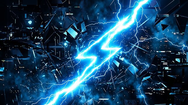 Lightning bolt illuminates a complex digital network of geometric shapes and floating data fragments suspended in a dark cyberspace environment.