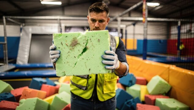 Worker meticulously inspecting foam pit blocks for damage and debris holding a piece up in front of the camera with blurred trampoline structures behind.