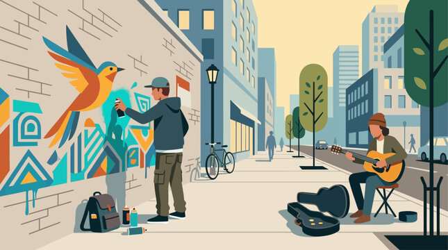 A street artist creates a vibrant mural while a musician plays guitar, forming a dynamic urban scene in a bold Flat Design.