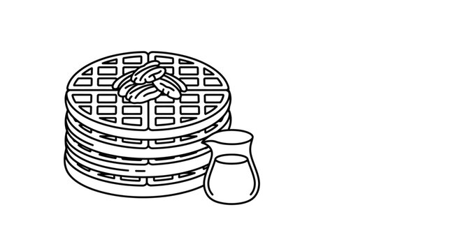 Stack of Waffles with Nuts and Syrup Line Art Illustration