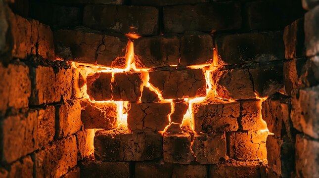 Bricks arranged in a grid glow with vibrant flames radiating from the deep interior fissures.