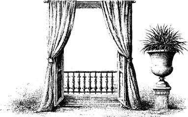 Obraz premium Vintage engraved apartment balcony with open curtains and wrought iron railing for poster background and architectural design