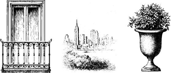 Obraz premium Apartment balcony wrought iron railing city skyline and decorative urn engraving set for architectural background