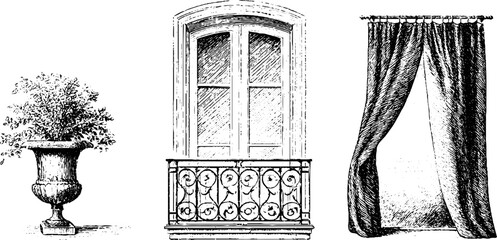 Obraz premium Balcony wrought iron railing window curtain and decorative planter engraving set for vintage architectural background
