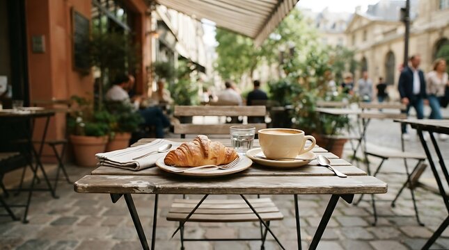 Parisian Cafe Terrace Breakfast with Croissant and Coffee, Outdoor European Dining Experience, Lifestyle and Travel Concept