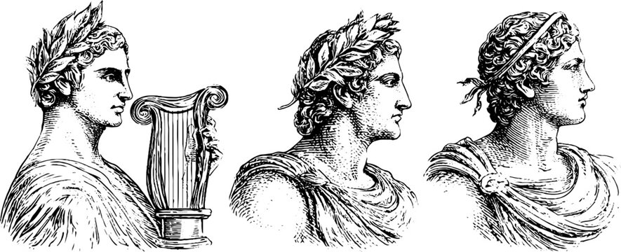Vintage engraved ancient greek cithara player portraits and profile busts set for classical music poster and design elements