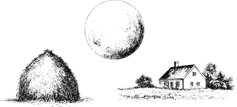 Vintage pen and ink engraving of autumn harvest moon with haystack and farmhouse in fields for background, poster and agricultural label design