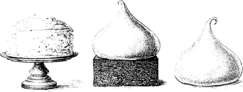 Hand drawn cake on stand meringue peak and dollops line art in vintage engraved style for bakery menu and packaging layout