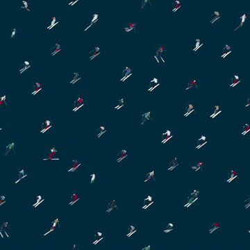 Tiny skiers on dark blue winter pattern