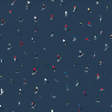 Tiny skiers on blue seamless pattern