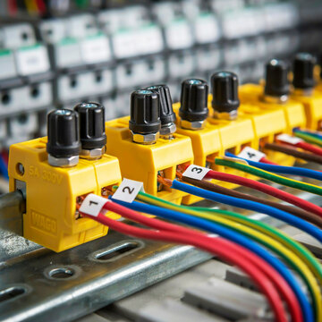Close-up of Yellow Electrical Terminal Blocks with Numbered Connections and Knobs image photo