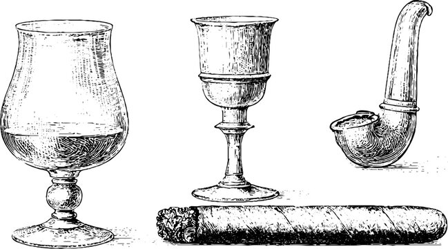Hand drawn brandy snifter, goblet, pipe and cigar set for classic tobacco and spirits label background or bar poster design