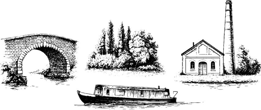 Brick arch bridge trees factory and narrowboat drawings for nautical poster and background design with ink sketch style for rustic waterside and canal scenes